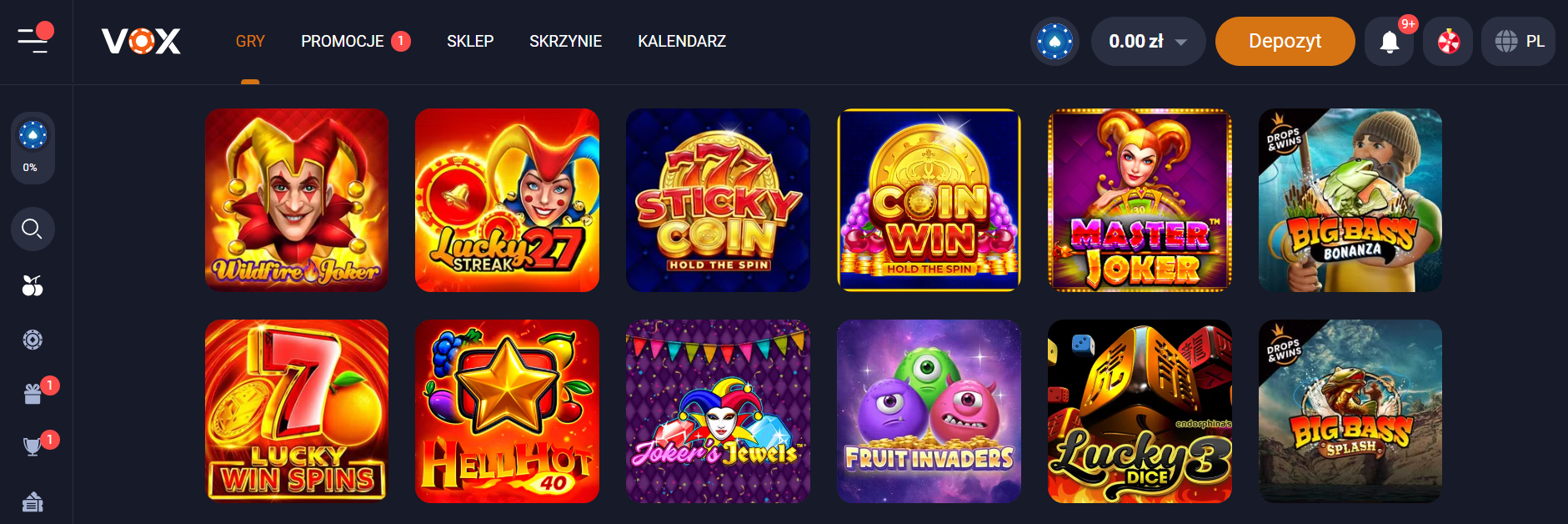 Vox Casino interfejs gier